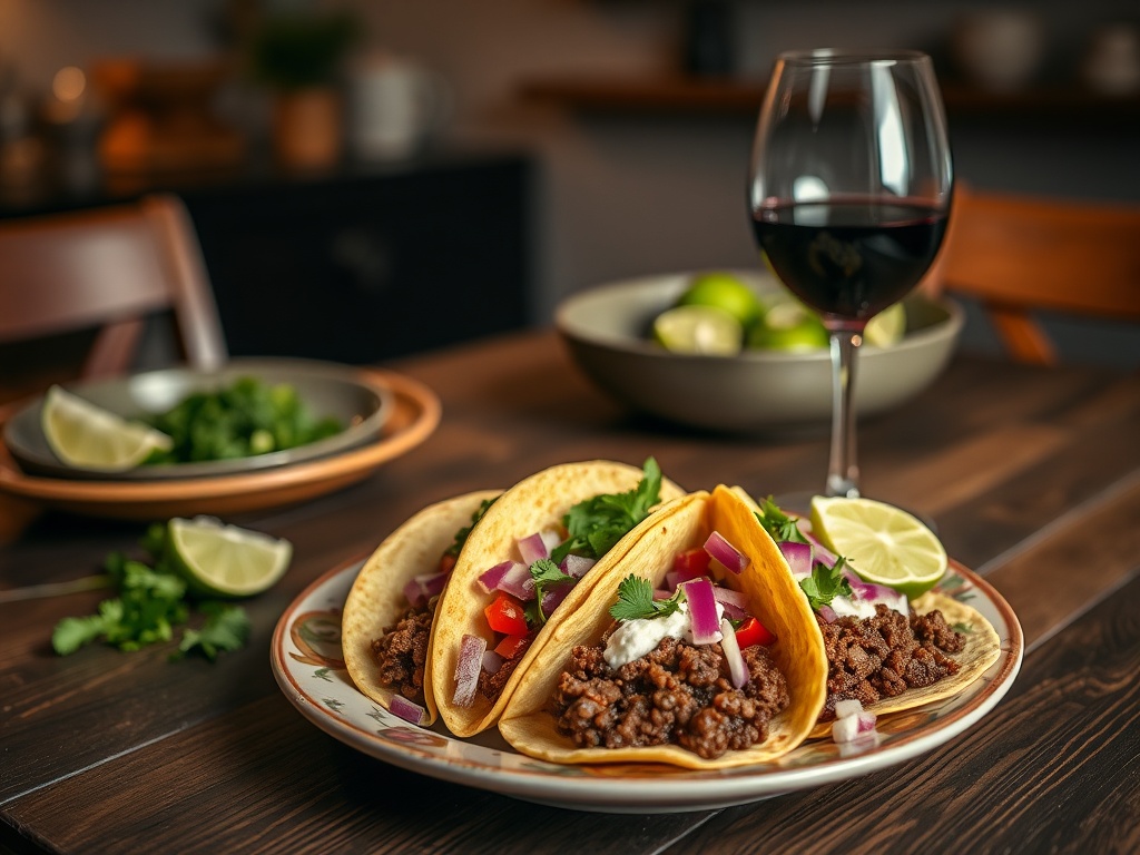 Taco Tuesday essentials: chipotle ground beef, lime crema, and wine pairing.