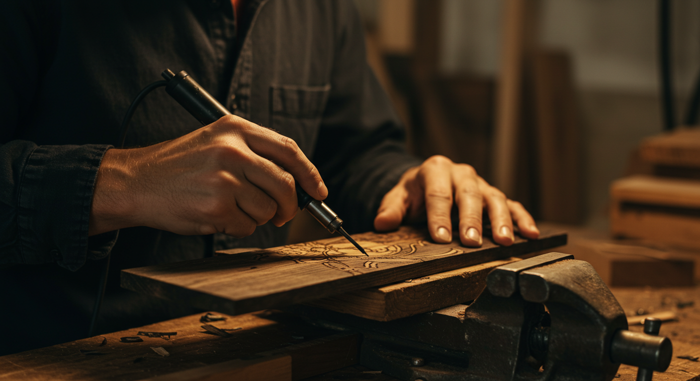 a person using a tool to draw a pattern on a wood