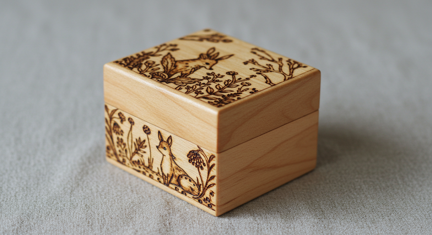 a wooden box with a picture of animals and flowers