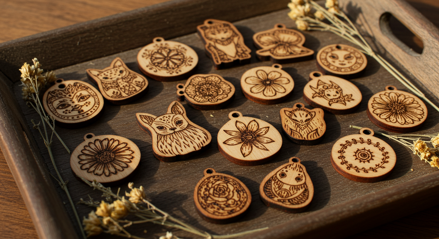 a group of wood ornaments on a tray