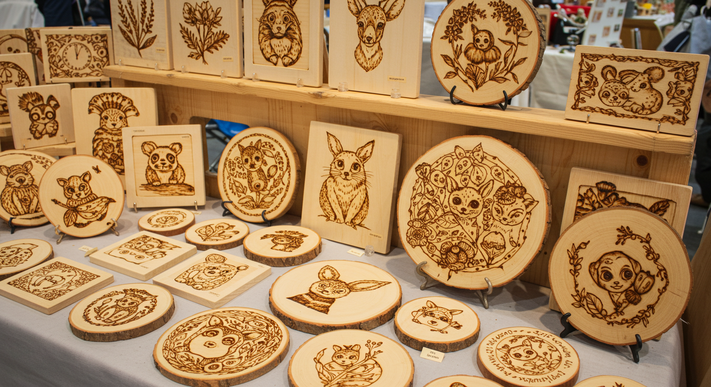 Woodburning craft techniques demonstrated through practice and experimentation.