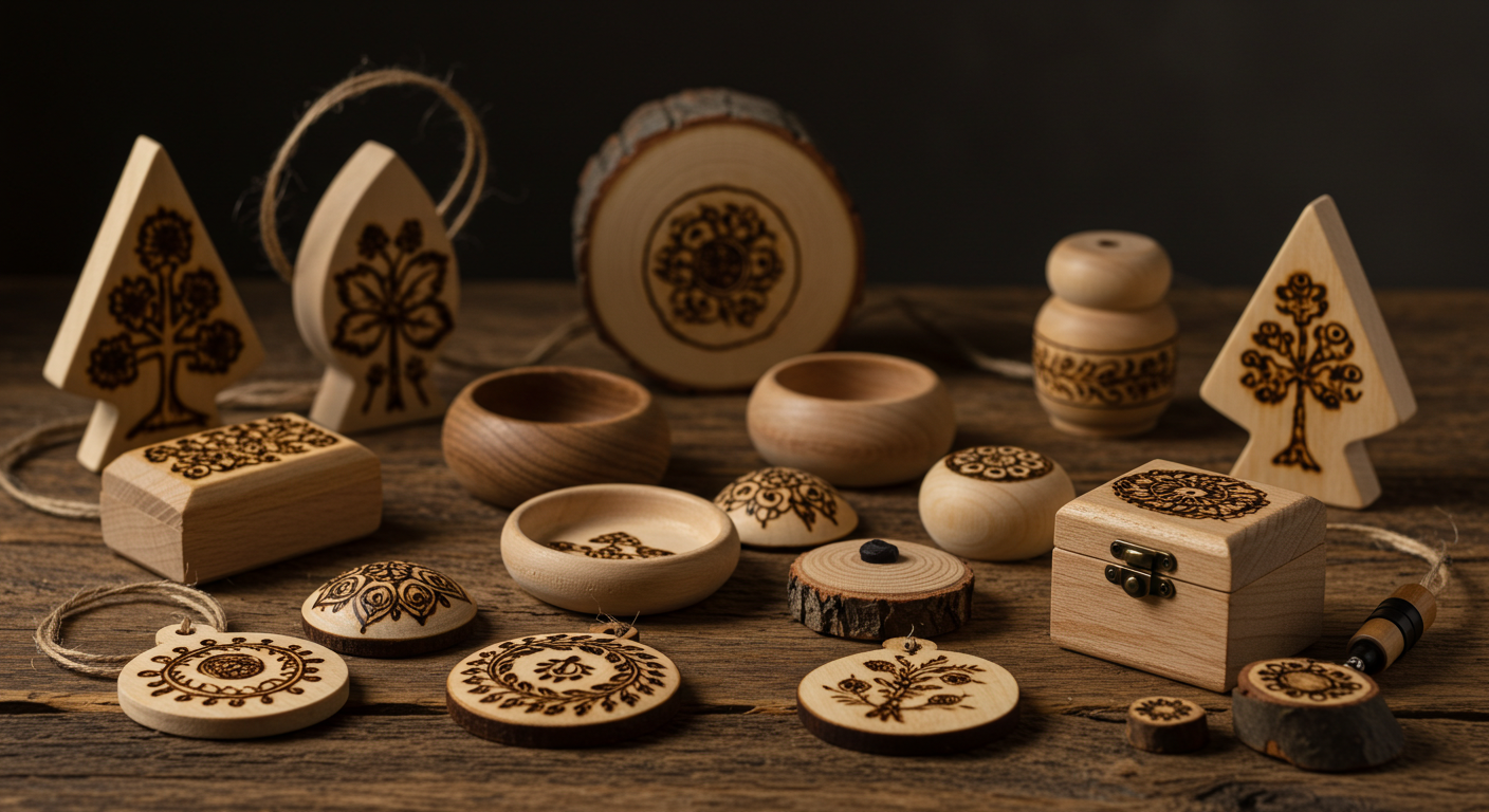 a group of wood objects with designs on them
