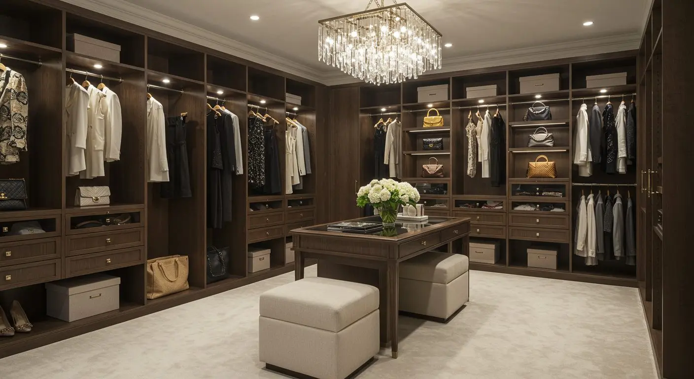 Spacious luxury walk-in closet with a large island and ample storage solutions.