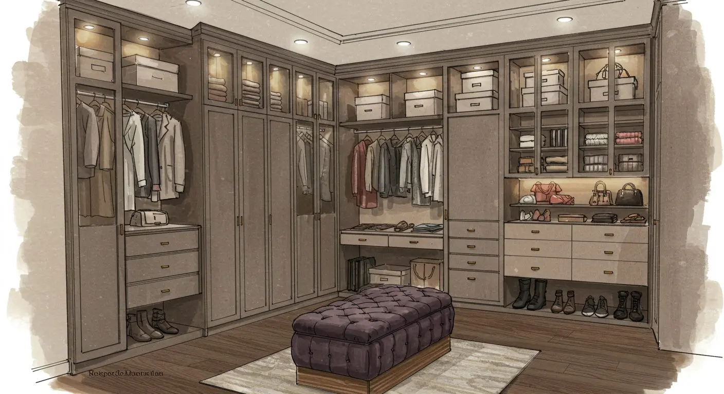 Elegant luxury walk-in closet featuring a stylish seating area and ample shelving.