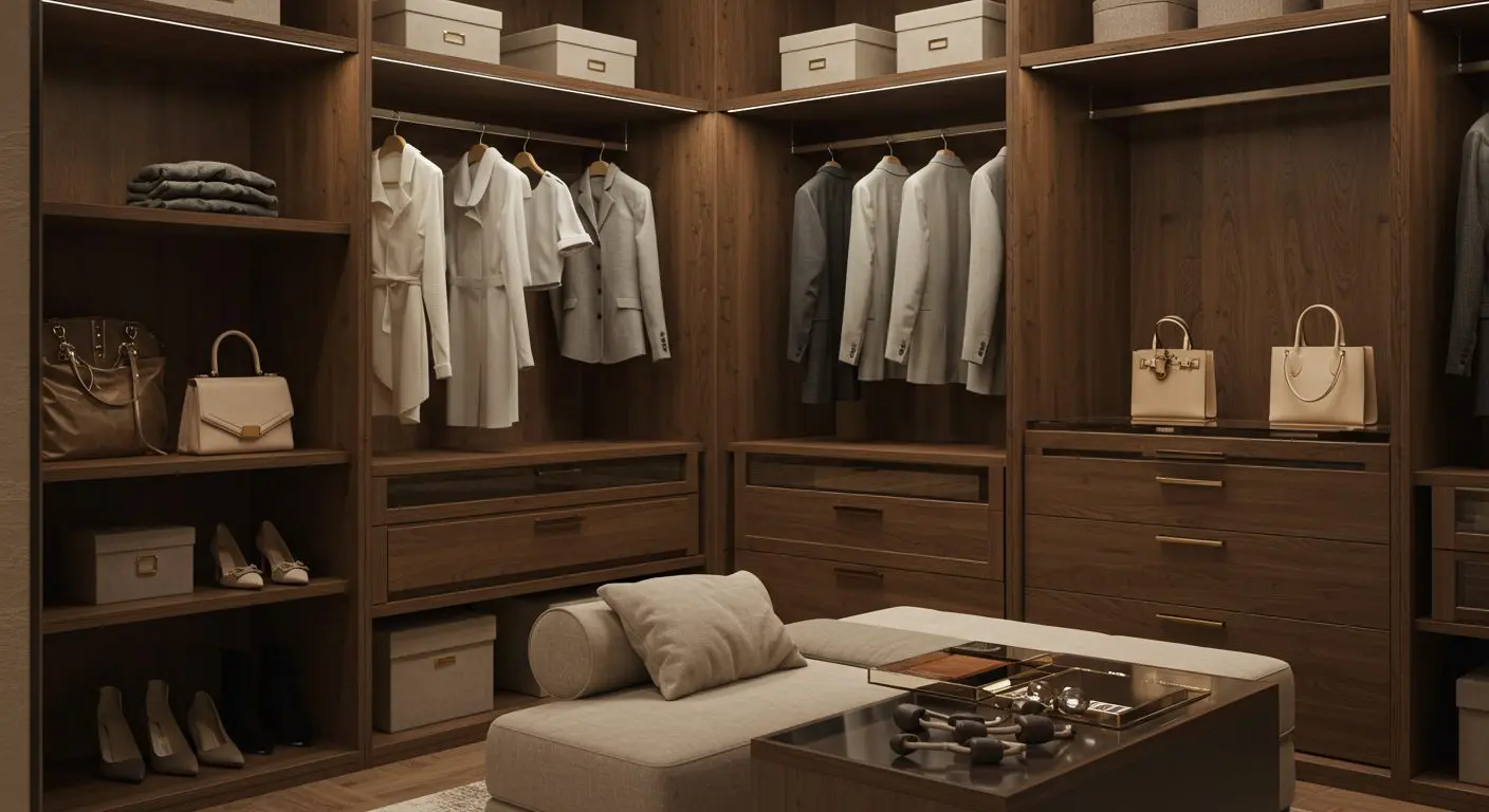 High-end luxury walk-in closet with custom storage and a stylish lighting fixture.