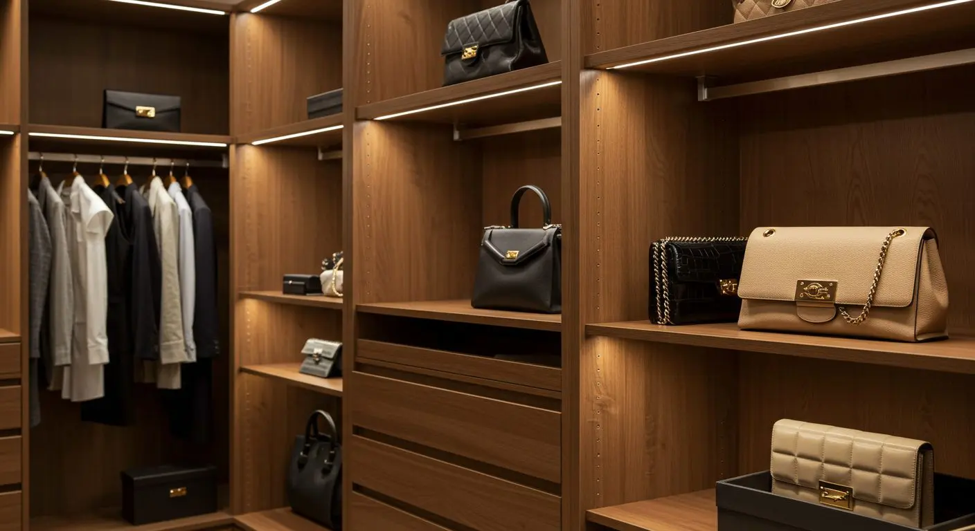 Luxurious walk-in closet featuring a makeup station and plush area rug.
