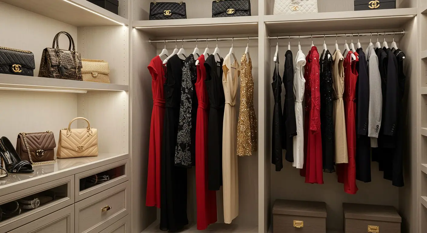 Elegant luxury walk-in closet with a comfortable reading nook and floor-to-ceiling shelves.