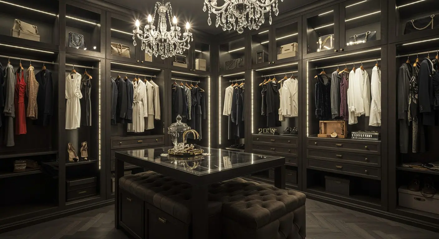 Stunning luxury walk-in closet with a stylish island and custom cabinetry.