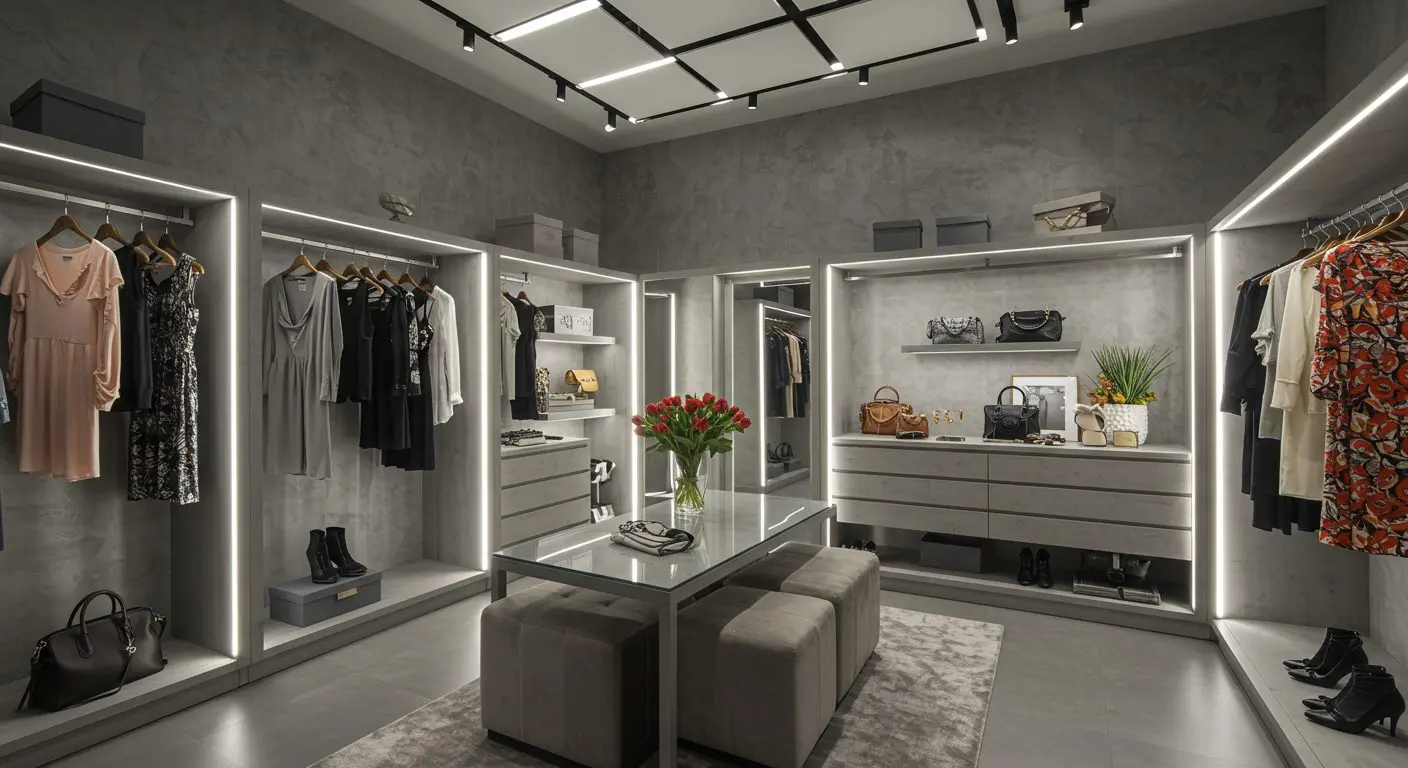 Luxurious interior of a spacious walk-in closet with high-end finishes and custom storage.