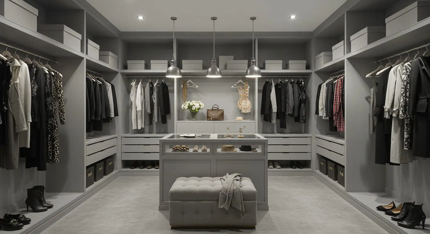 Beautifully designed luxury walk-in closet with a glamorous chandelier and hardwood floors.