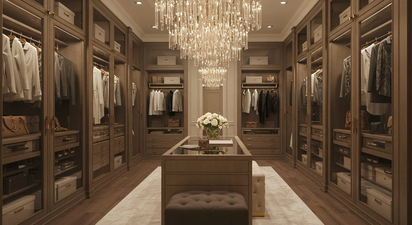 Customized storage solutions and shelving in a beautifully designed luxury walk-in closet.
