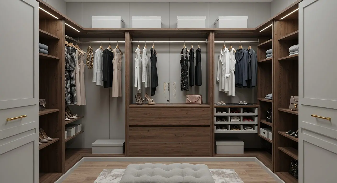 Luxurious walk-in closet featuring a stylish bench and custom shelving unit.