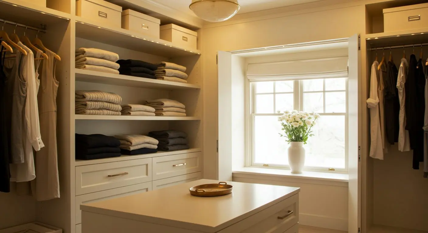 Spacious luxury walk-in closet with a comfortable seating area and large window.