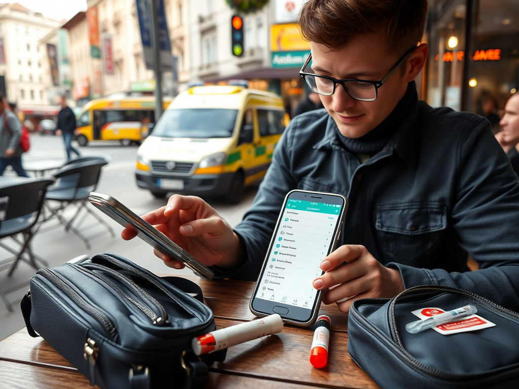 Traveler with severe food allergy wearing a medical alert bracelet