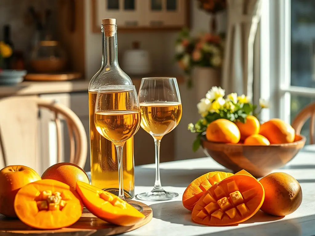 Fresh mangoes and winemaking equipment for homemade mango wine production.