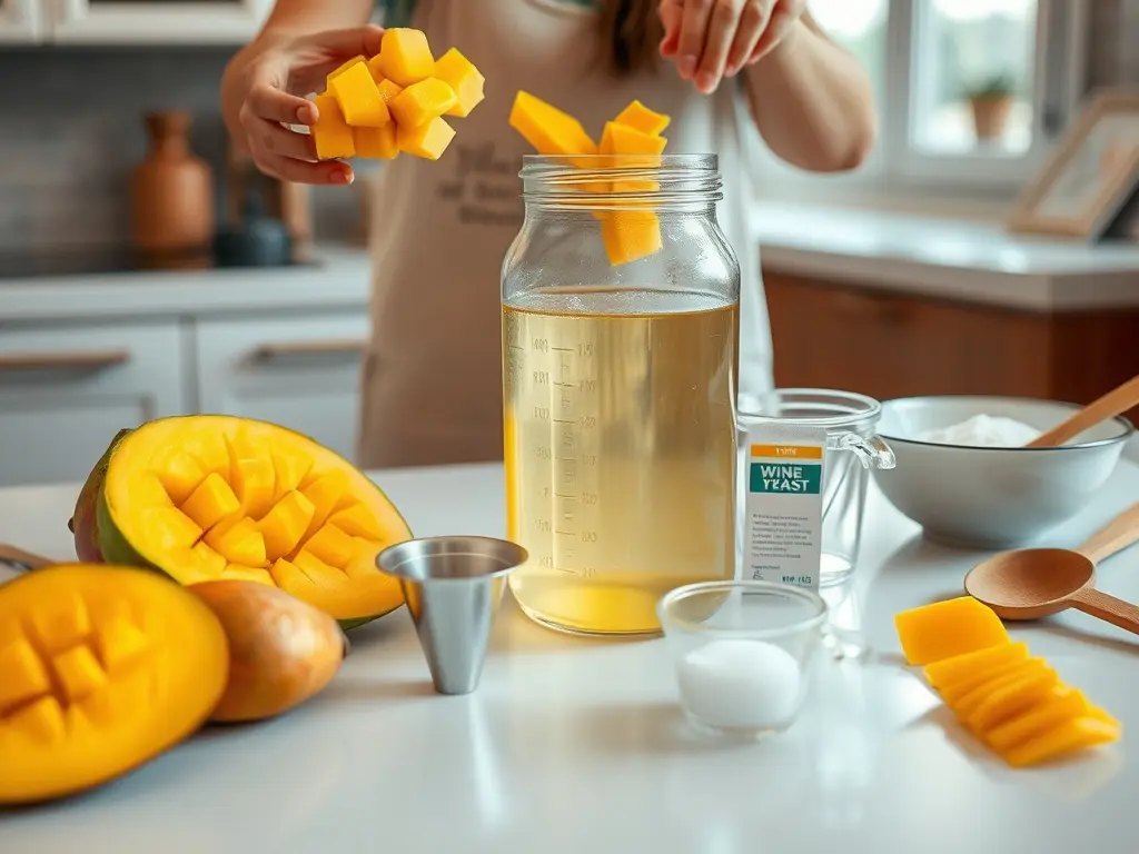 Homemade mango wine in bottles with custom labels.