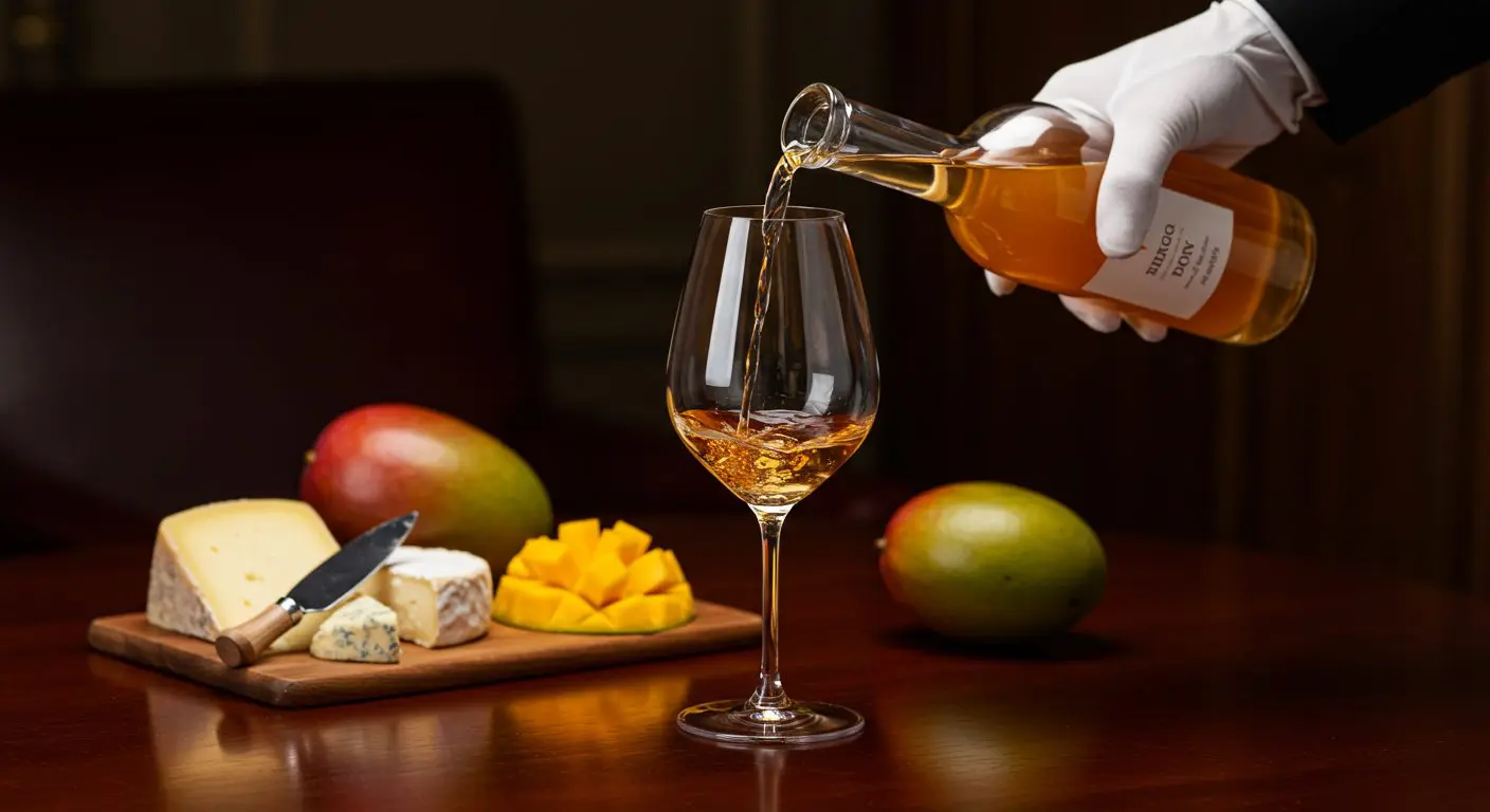 Delicious homemade mango wine served in wine glasses.