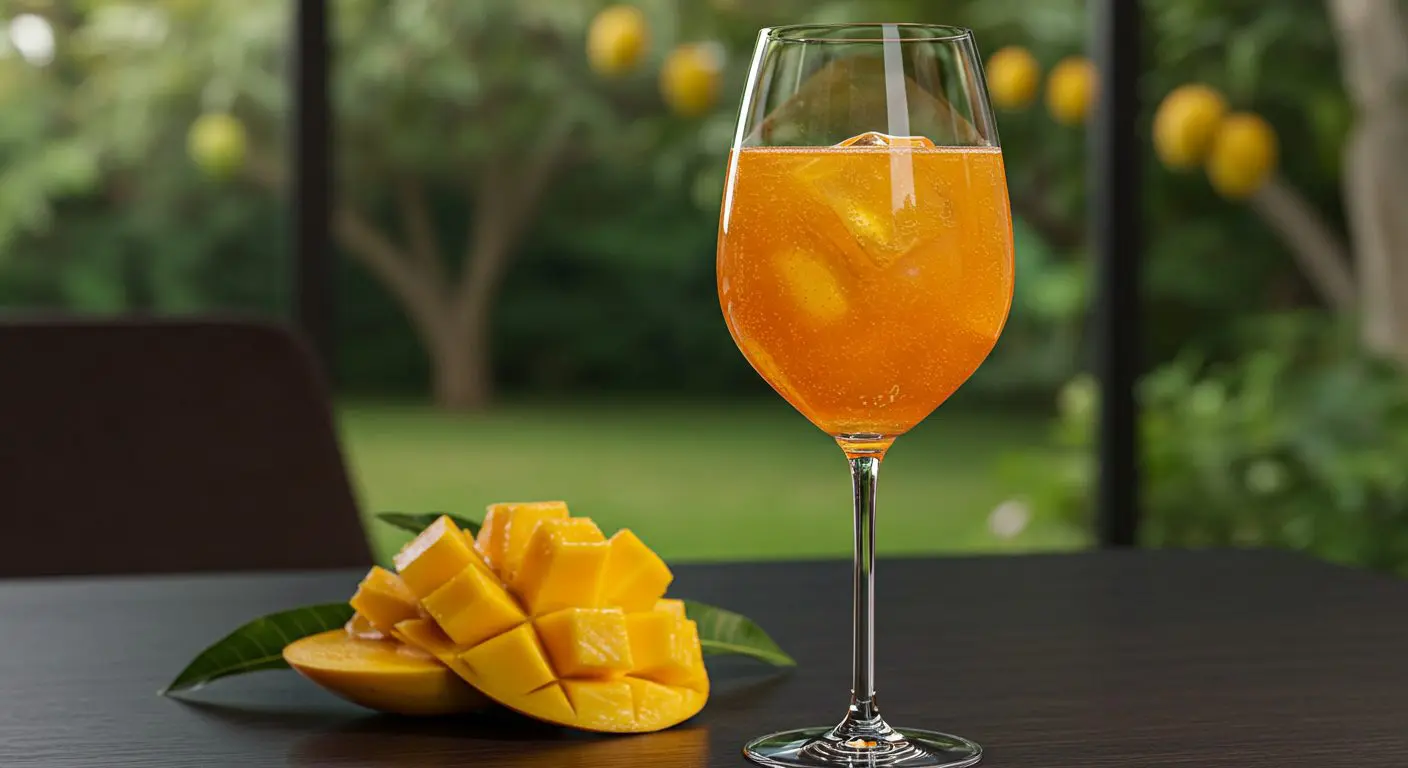 Finished homemade mango wine bottles on a wooden shelf.