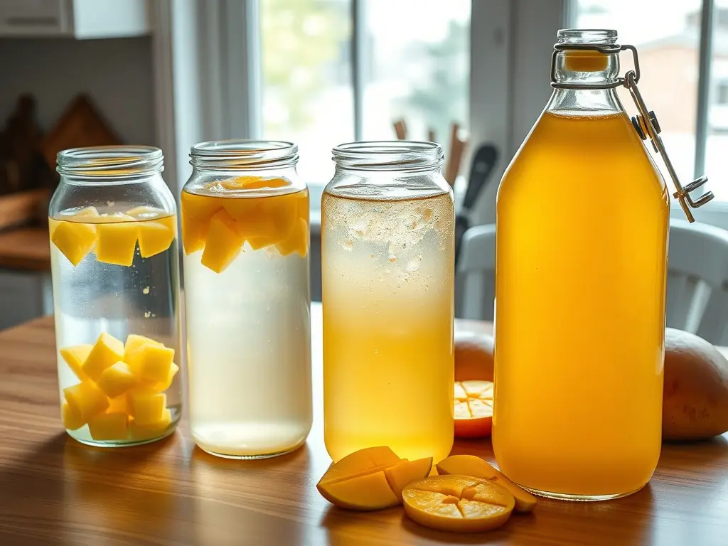 Winemaking process steps for making mango wine at home.