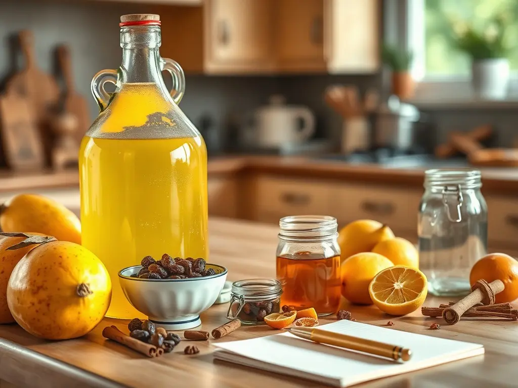 Mango wine ingredients and equipment for beginners at home.