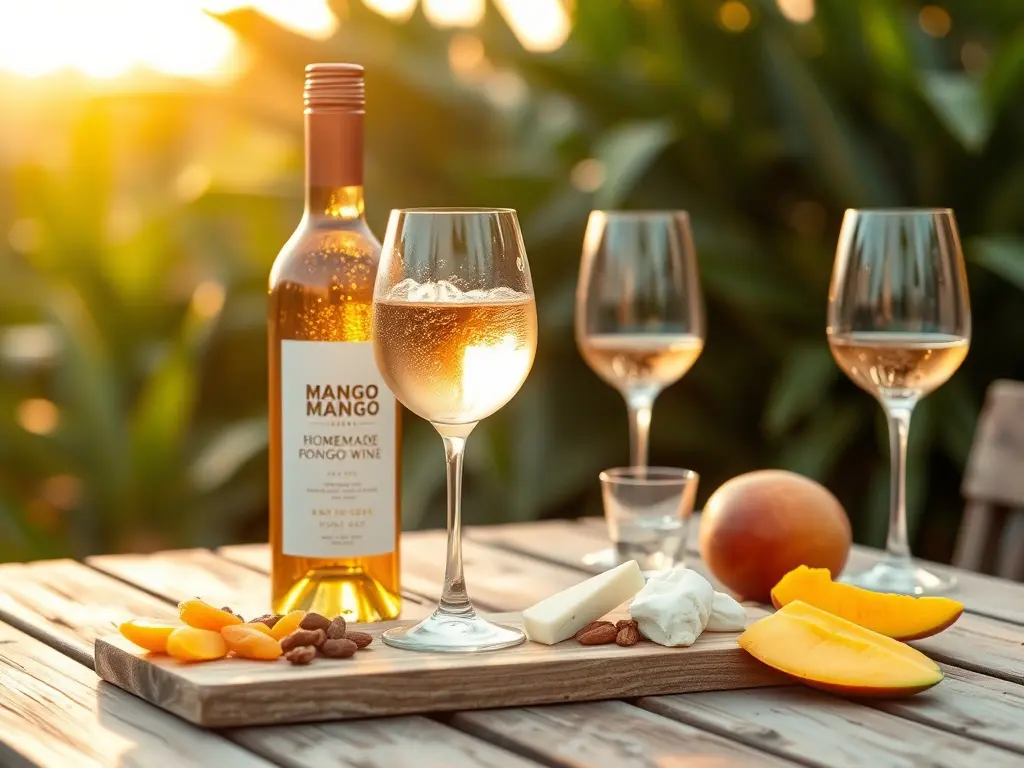 Fermentation vessel with homemade mango wine and airlock.