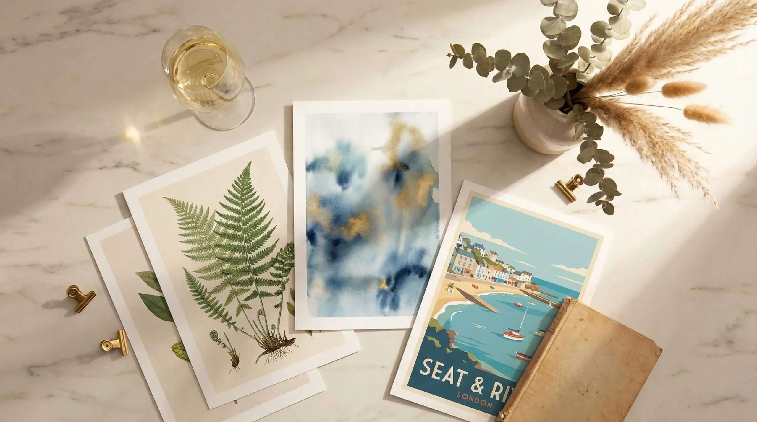 Flat lay of art prints with wine and botanical decorations