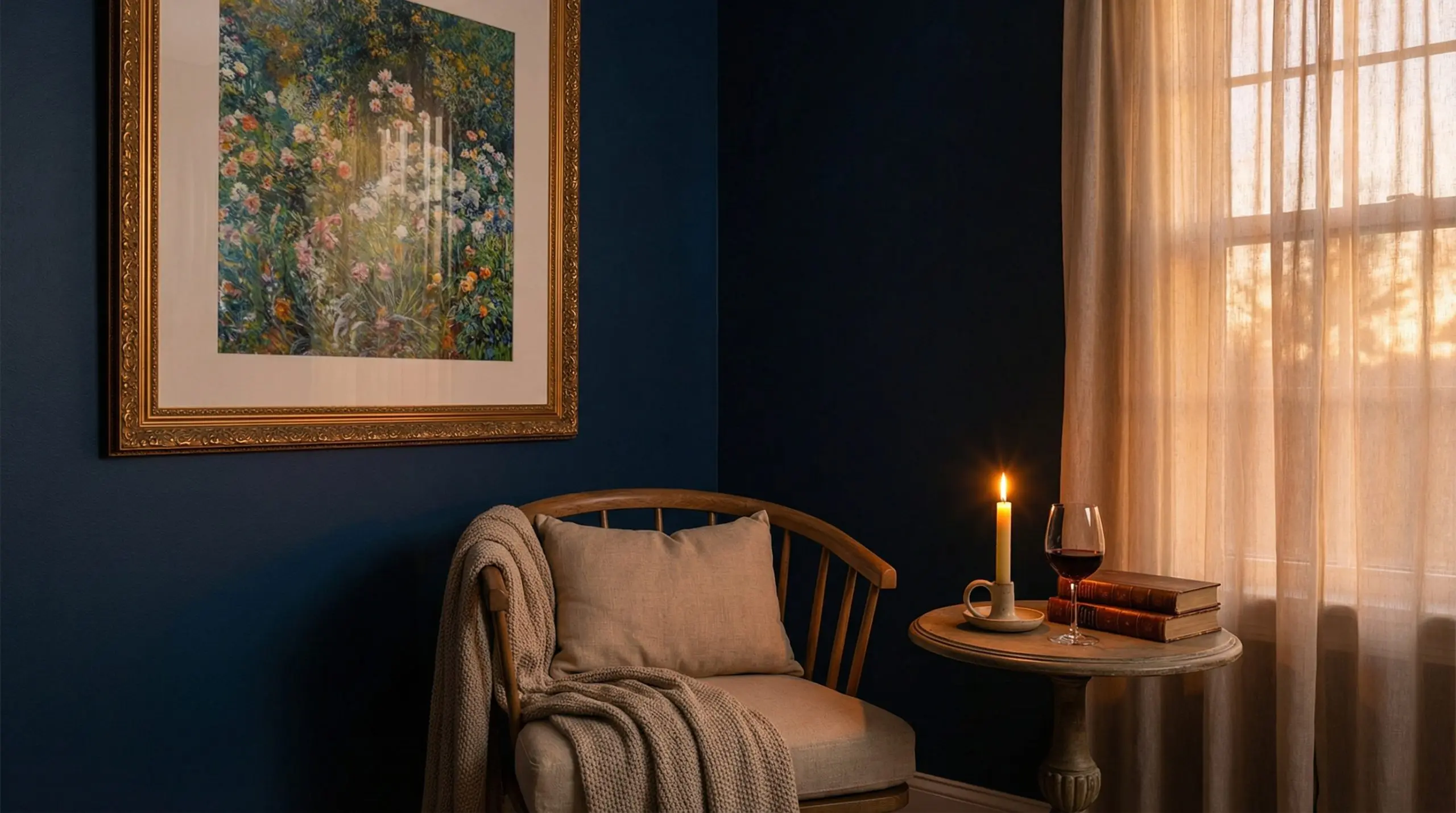 Framed impressionist art print above a cozy reading nook