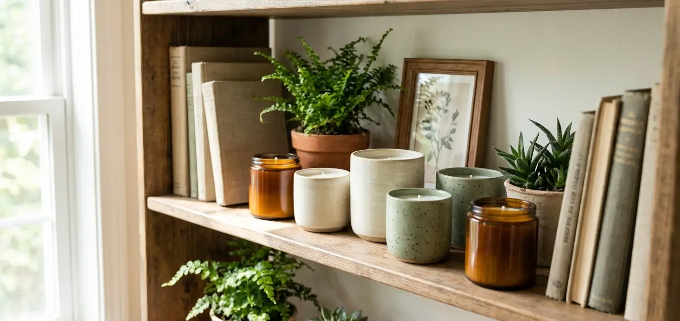 Artisan candles in amber and sage green vessels on wooden bookshelf with plants and home decor
