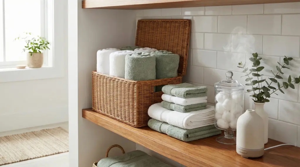 Organized bathroom linen shelf with rolled white towels in wicker basket and spa-like aesthetic