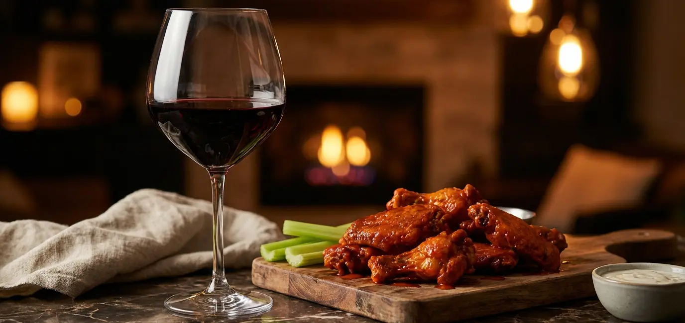 Best red wine for game day — bold red wine glass paired with buffalo wings