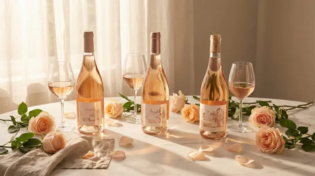 Best rosé wines for spring 2026 — flatlay of three rosé bottles and crystal glasses with pink roses on marble table