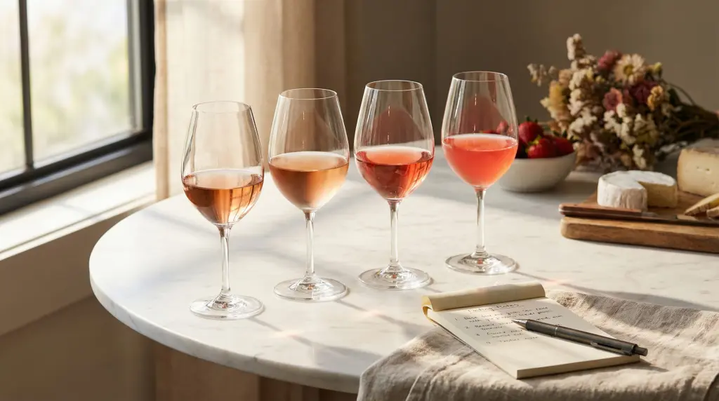 Dry rosé wine tasting — four crystal glasses showing different shades of the best rosé wines for spring 2026