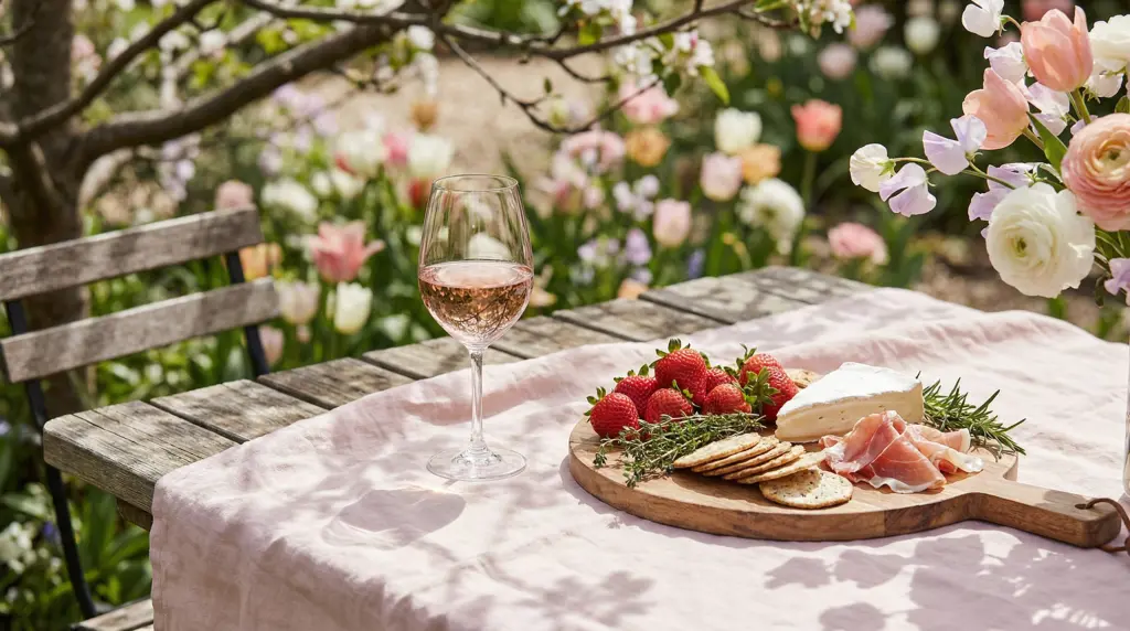 Spring rosé wine and food pairing — glass of rosé with charcuterie board and strawberries in a spring garden