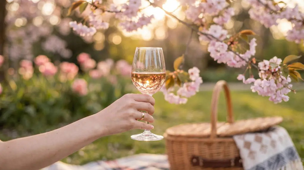 Glass of rosé wine against cherry blossom garden — spring rosé wine picnic scene best rosé wines 2026