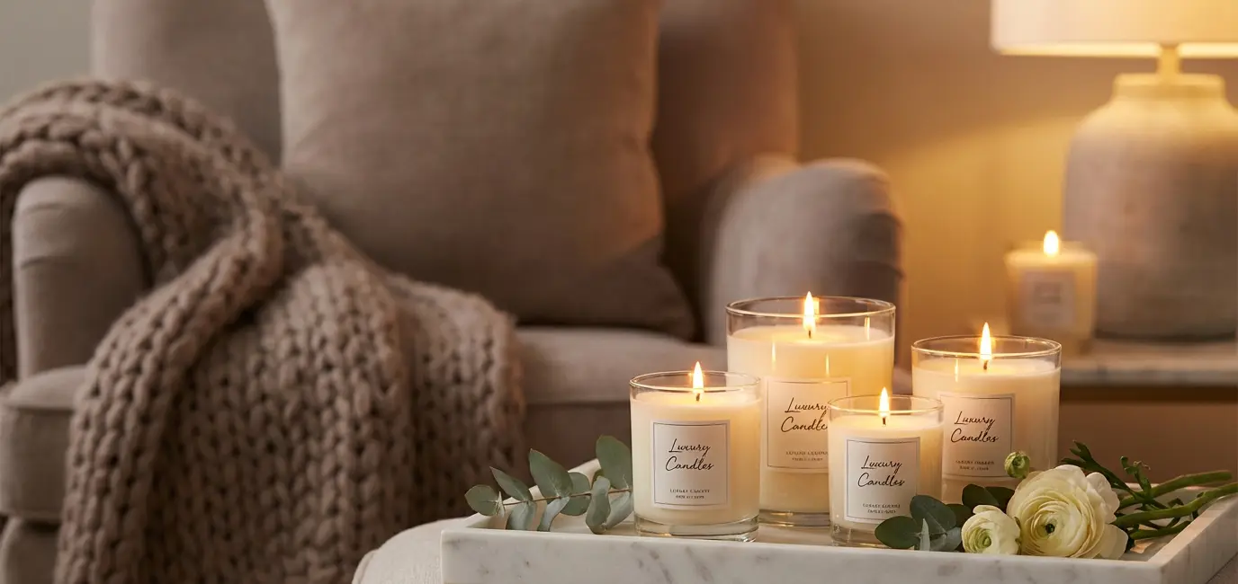 Best scented candles for the home — luxury glass vessel candles on marble tray with ambient candlelight