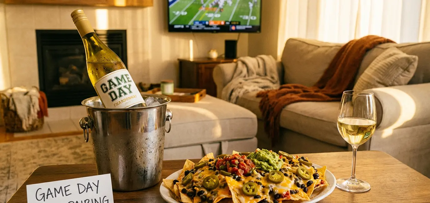 Best white wine for game day — chilled white wine with nachos on coffee table