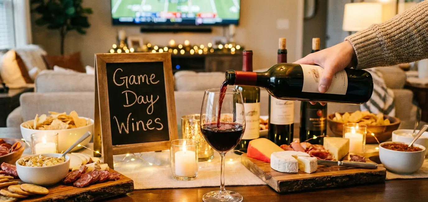 Best wines for game day — pouring red wine at a styled game day party table