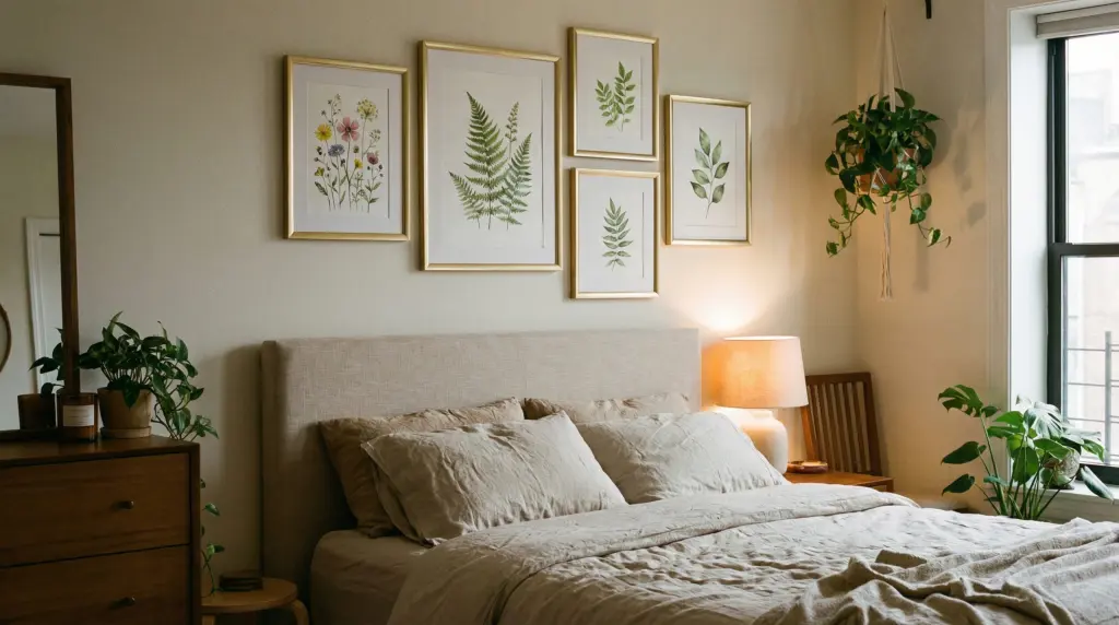 Botanical print gallery wall above a bed — five framed botanical prints in brushed gold frames over linen bedding