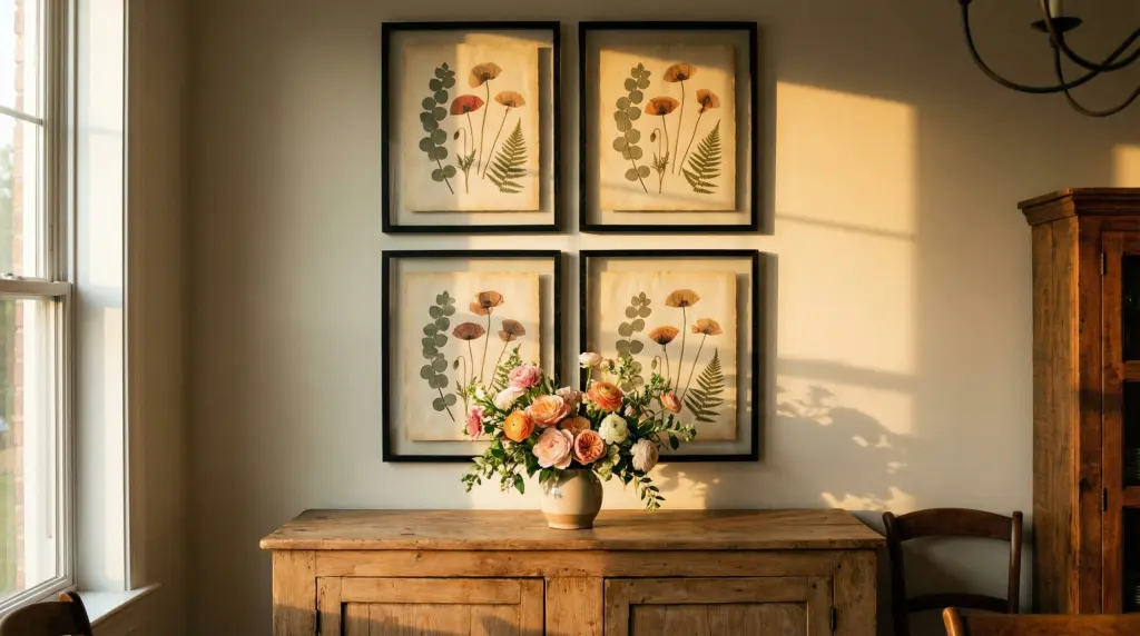 Botanical print gallery wall above a sideboard in a dining room — four matching prints in black frames with fresh flowers below