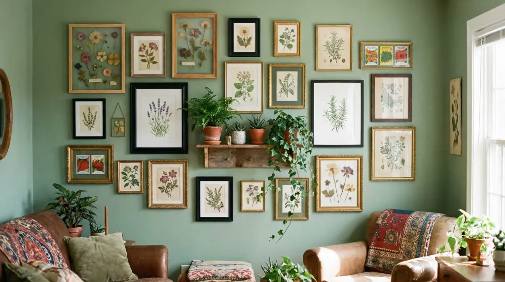 Eclectic botanical print gallery wall in salon style on a sage green wall — mixed vintage frames, pressed botanicals, watercolor herb prints