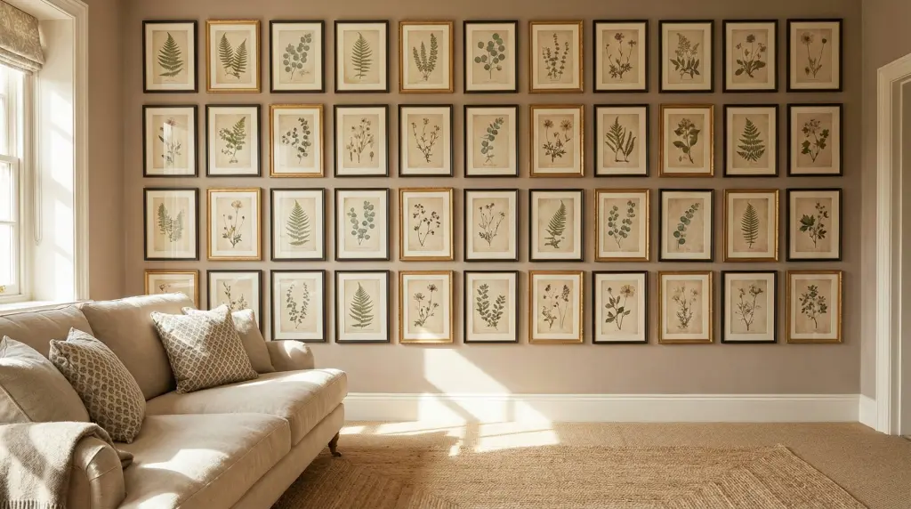 Botanical print gallery wall in a living room — curated grid of framed botanical prints in black and gold frames