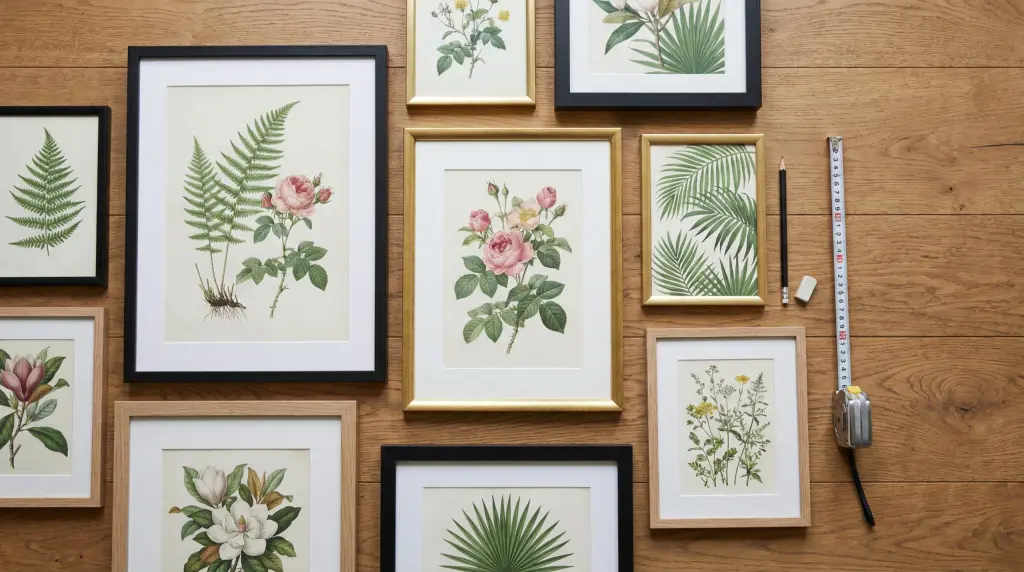 Planning a botanical print gallery wall — frames laid out on the floor to test arrangement before hanging