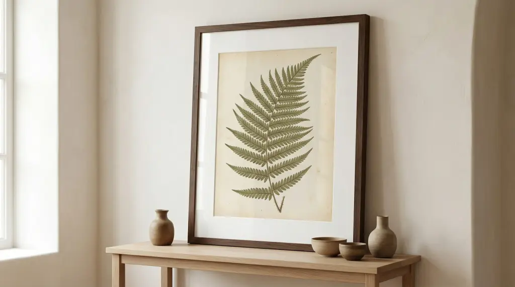 Large oversized botanical print in a black frame on a warm white wall — single-piece statement for a minimalist botanical gallery wall