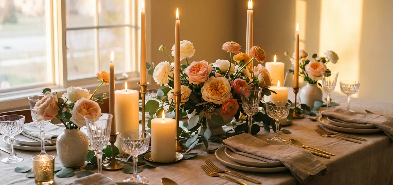 Tapered and pillar candles as elegant dinner table centerpiece with flowers and linen napkins
