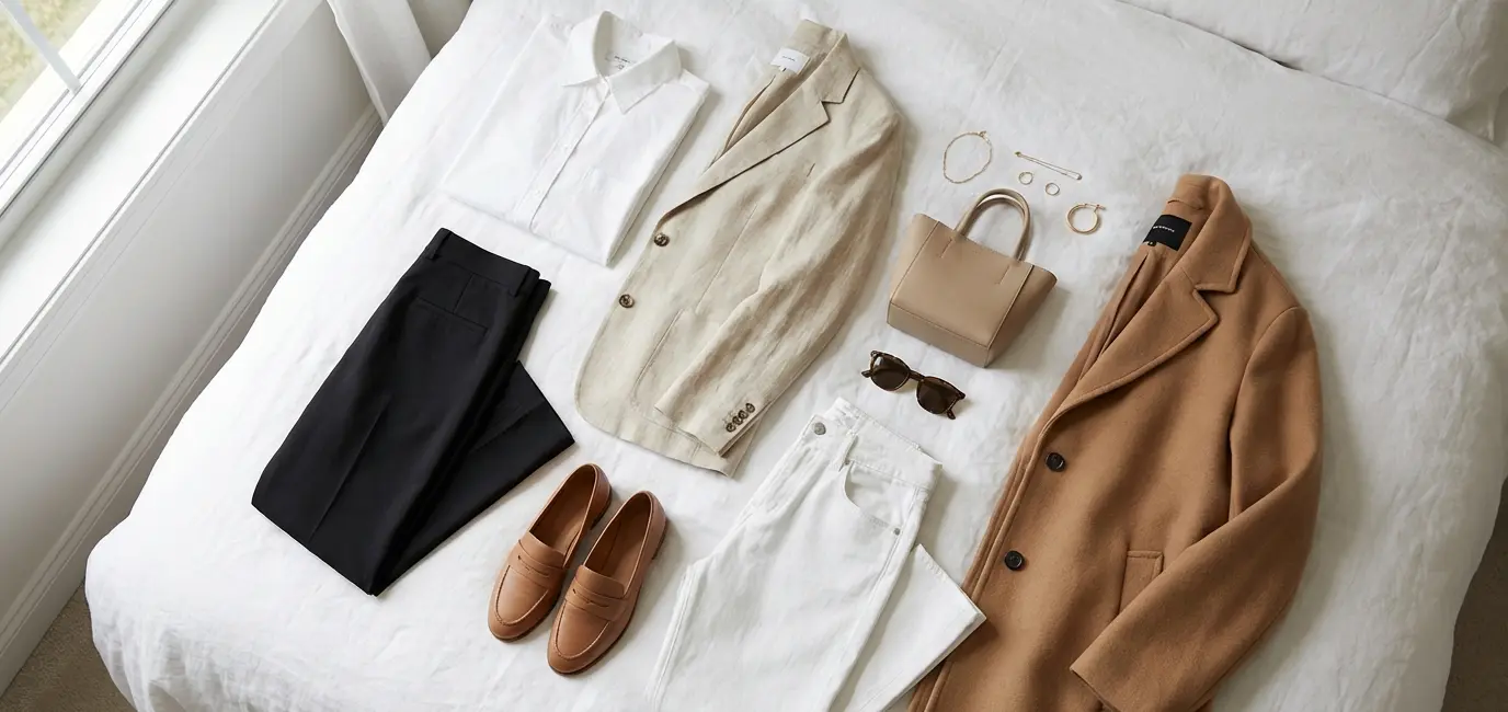 Capsule home wardrobe of basics — neutral essentials laid out on a white bed