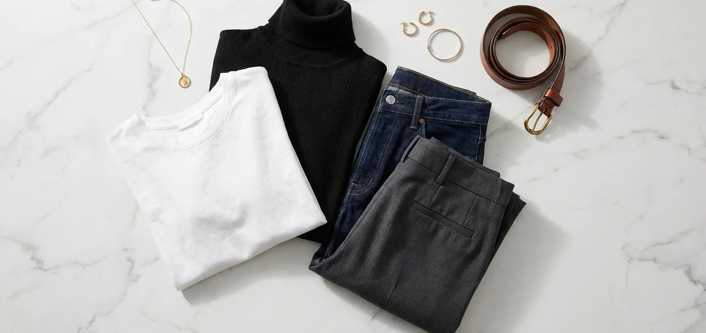 Capsule wardrobe essentials flat-lay — white tee, black turtleneck, trousers and accessories