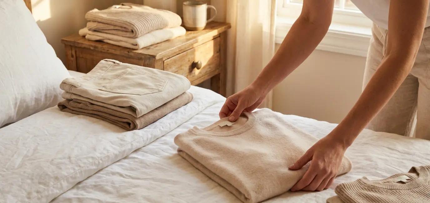 Building a capsule home wardrobe — folding a neutral cashmere sweater