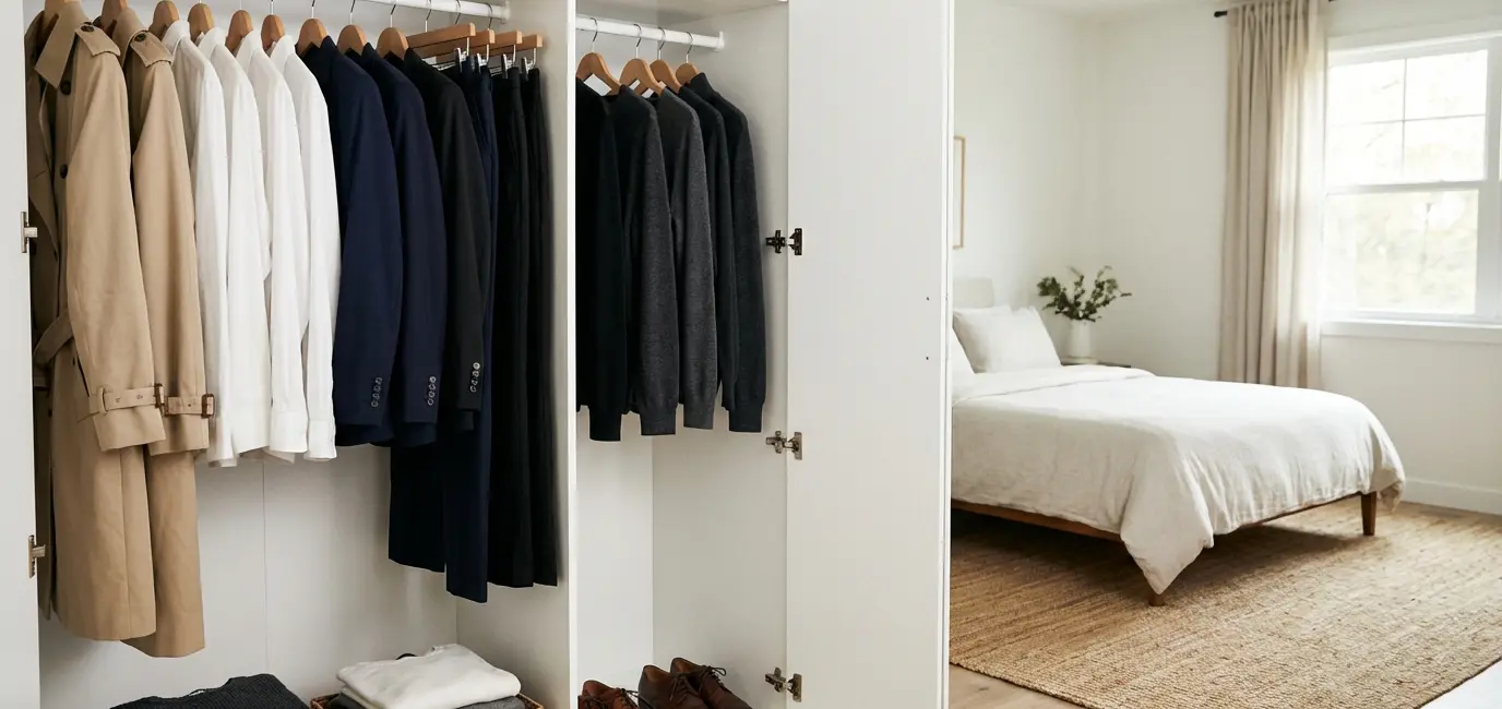 How to build a capsule home wardrobe — organized neutral basics in open closet