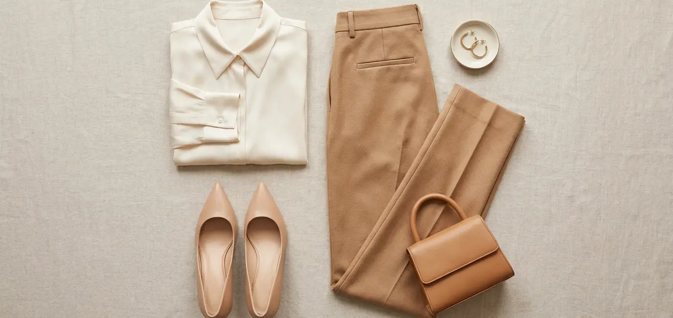 Capsule home wardrobe outfit flat-lay — camel trousers, cream blouse, nude heels