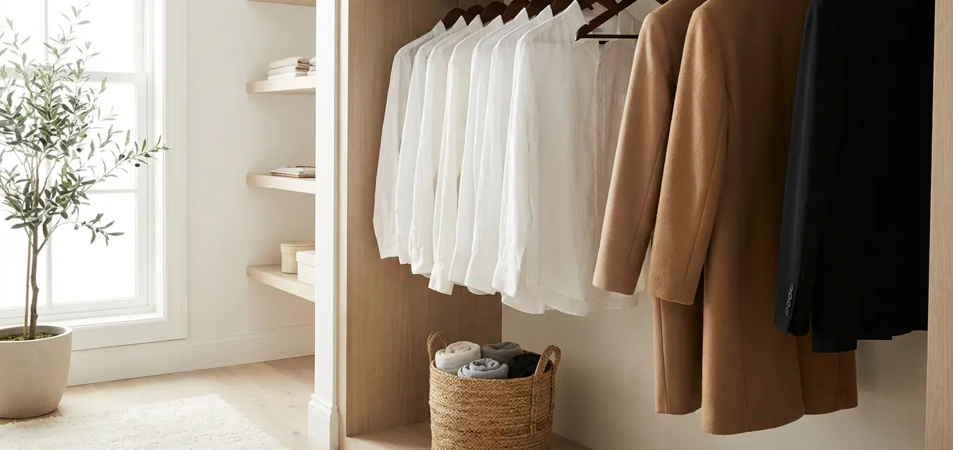 Capsule home wardrobe of basics — walk-in closet corner with neutral hanging pieces